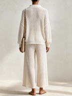 Beige Vertical Rib Knit Polo Top & Wide Leg Pants Two-Piece Knit Set
