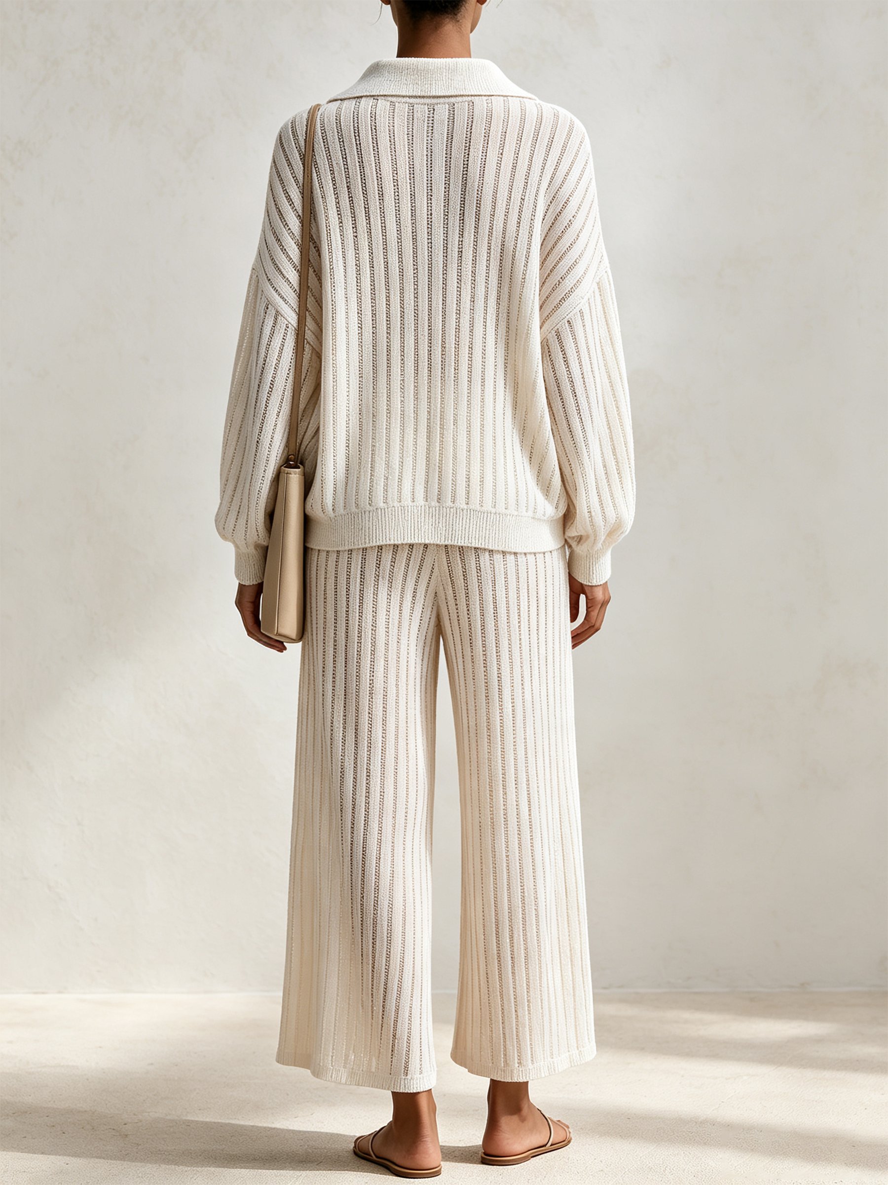 Beige Vertical Rib Knit Polo Top & Wide Leg Pants Two-Piece Knit Set