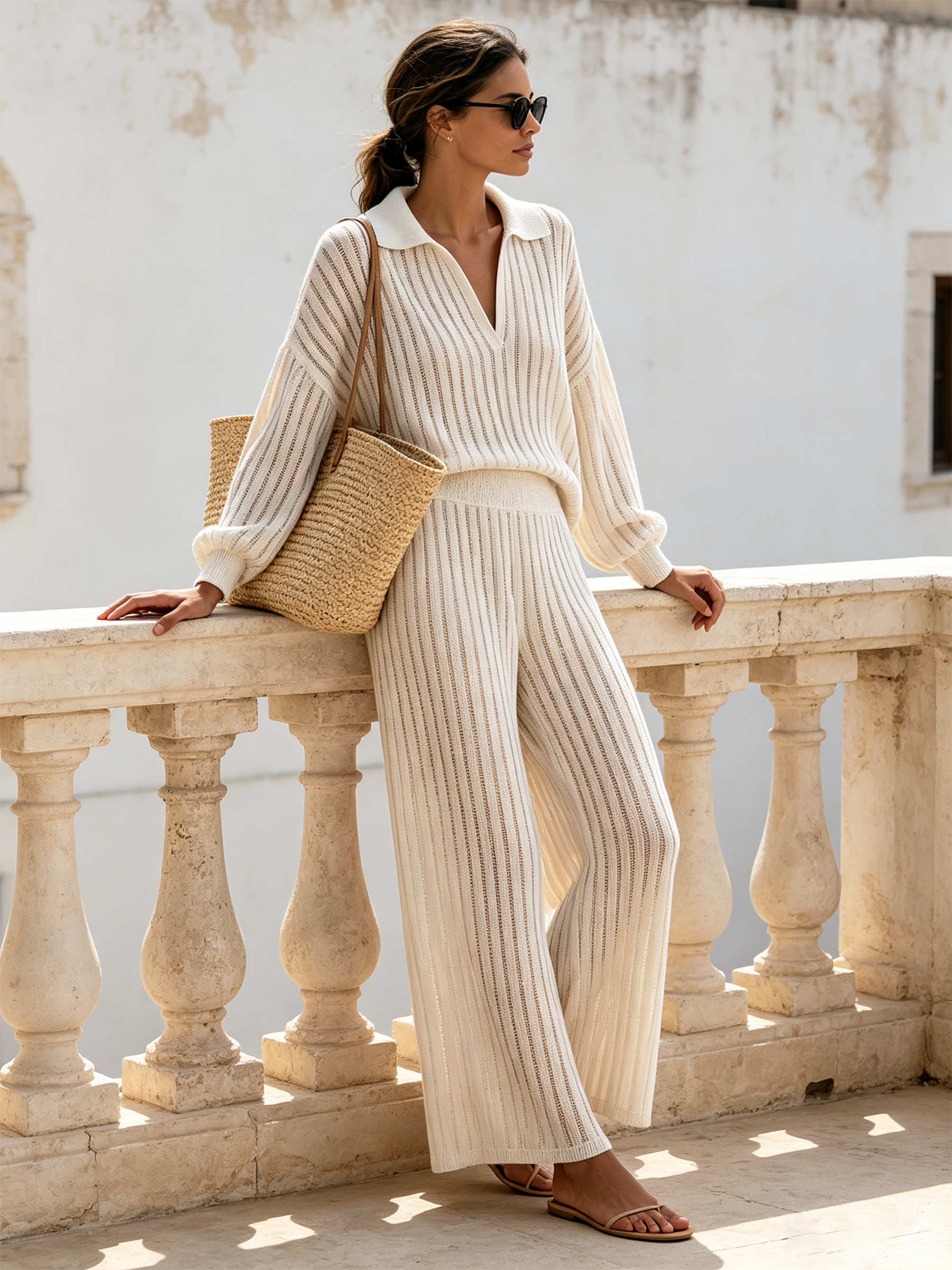 Beige Vertical Rib Knit Polo Top & Wide Leg Pants Two-Piece Knit Set