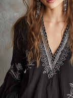 Elegant Black Embroidered V-Neck Blouse