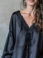 Luxurious Black Lace Trim Satin Blouse