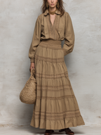 Graceful Khaki Lace Trim Skirt Set