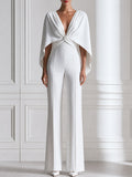 Draped Cape-Sleeve Deep V-Neck Wide Leg Jumpsuit