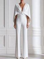 Draped Cape-Sleeve Deep V-Neck Wide Leg Jumpsuit
