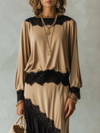 Elegant Beige Colorblock Lace Skirt Set