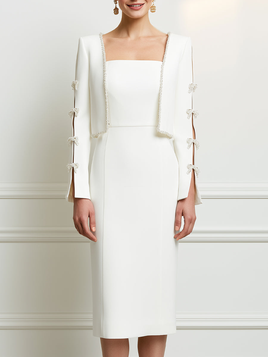 Elegant White Sleeveless Sheath Dress with Pearl-Embellished Bolero Jacket Set