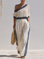 One Shoulder Open Knit Crop Top & Striped Linen Blend Wide Leg Pant Two Piece Matching Set