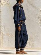 Women's Fall Winter Oversized Hoodie Jogger Set With Contrast Piping Details