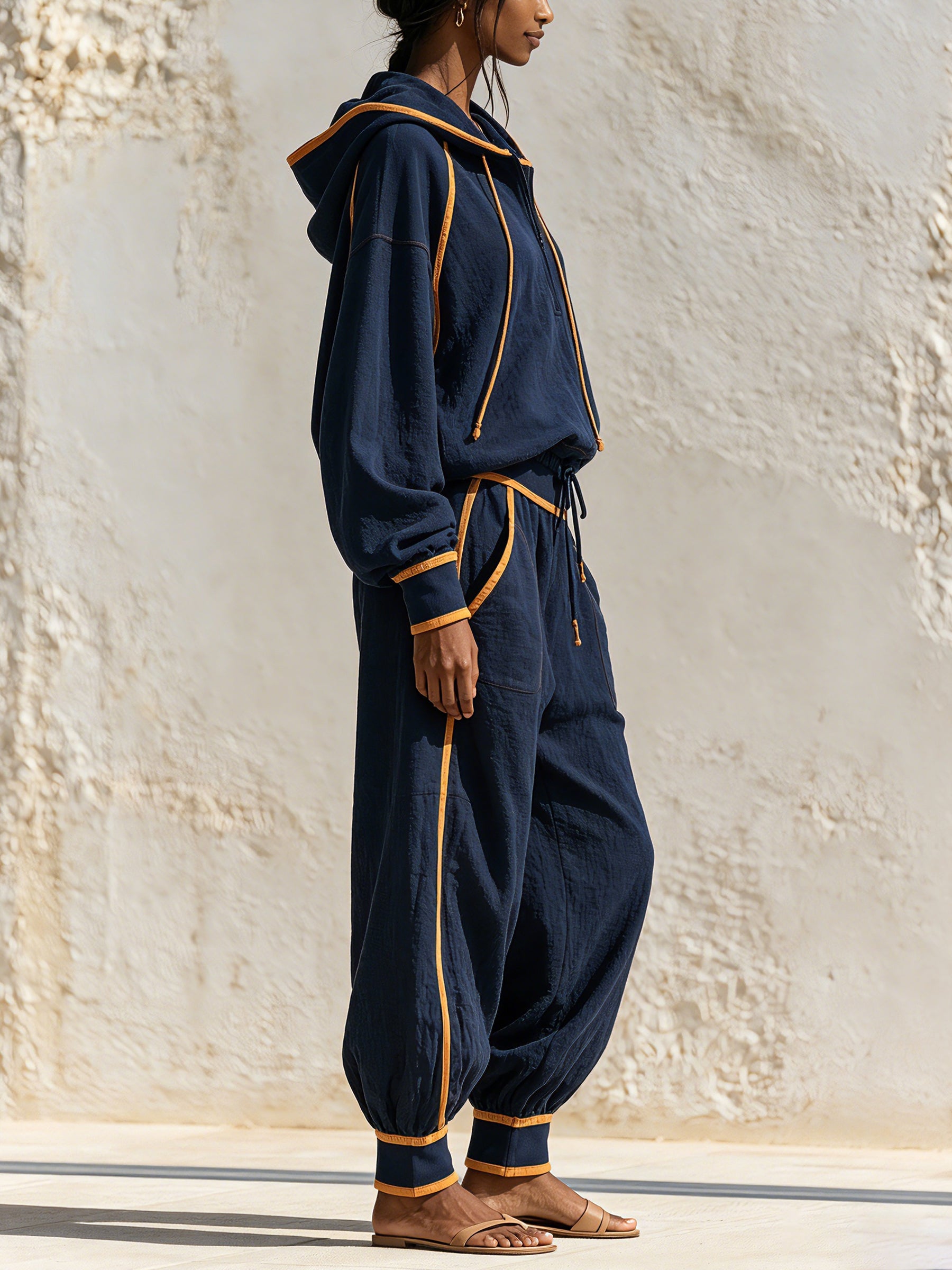 Women's Fall Winter Oversized Hoodie Jogger Set With Contrast Piping Details