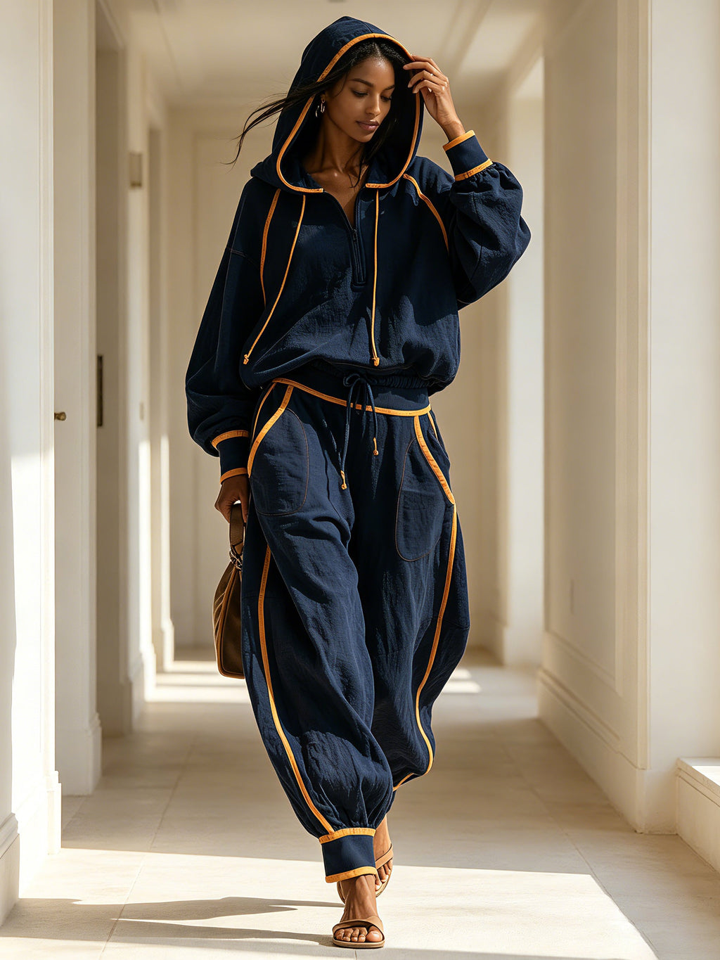 Women's Fall Winter Oversized Hoodie Jogger Set With Contrast Piping Details