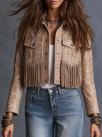 Western Faux Leather Fringe Cropped Jacket