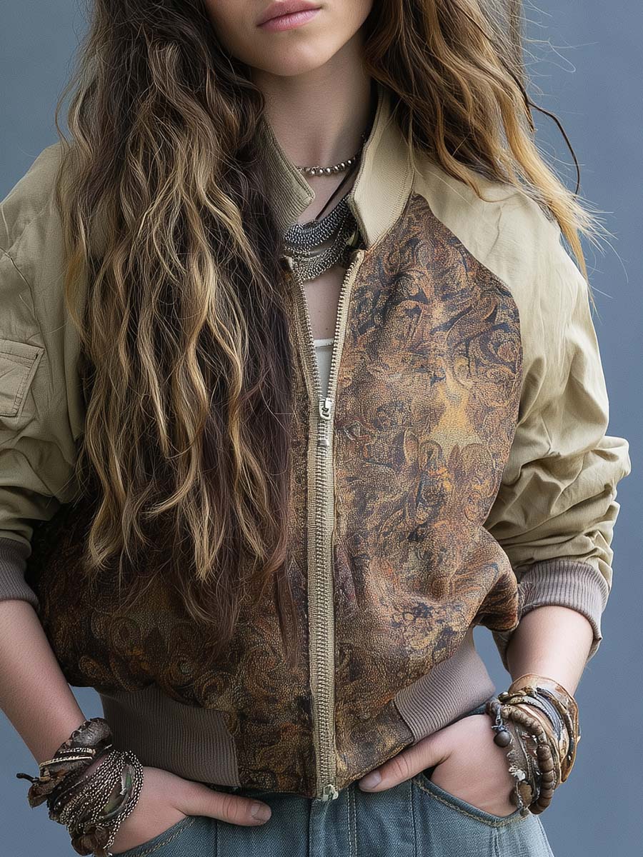 Boho Paisley Patchwork Zip-Up Bomber Jacket