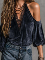 Boho Cold Shoulder Lace Trim Blouse
