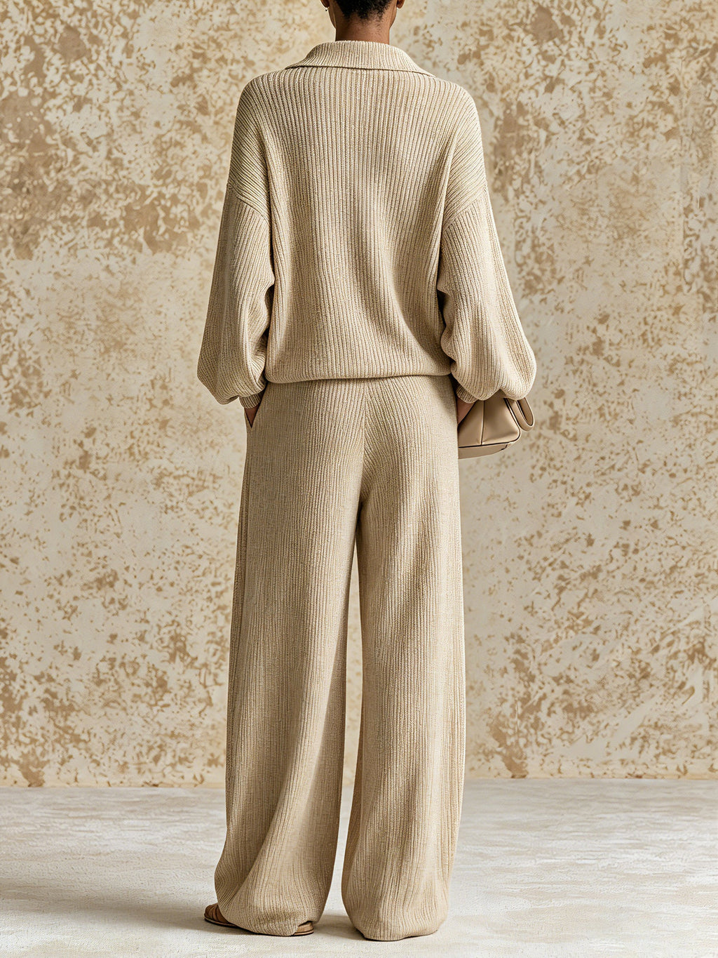 Women's Minimalist Knit Lounge Set – Relaxed Collared Sweater Top & Wide Leg Trousers
