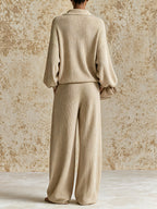 Women's Minimalist Knit Lounge Set – Relaxed Collared Sweater Top & Wide Leg Trousers