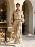 Women's Minimalist Knit Lounge Set – Relaxed Collared Sweater Top & Wide Leg Trousers