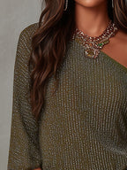 Elegant Olive Glitter Ribbed Asymmetric Cold Shoulder Batwing Sleeve Blouse