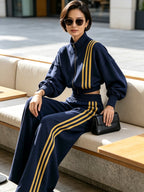 Women's Navy Blue And Yellow Striped Tracksuit – Cropped Zip-Up Jacket And Wide-Leg Pants