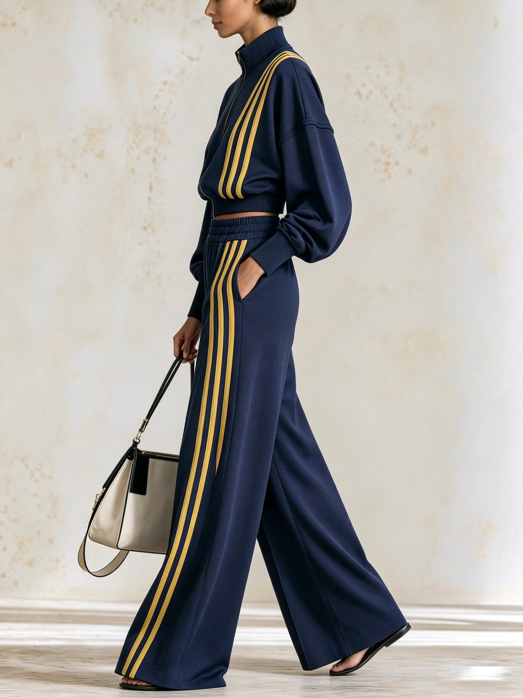 Women's Navy Blue And Yellow Striped Tracksuit – Cropped Zip-Up Jacket And Wide-Leg Pants
