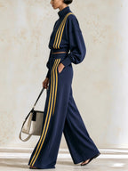 Women's Navy Blue And Yellow Striped Tracksuit – Cropped Zip-Up Jacket And Wide-Leg Pants