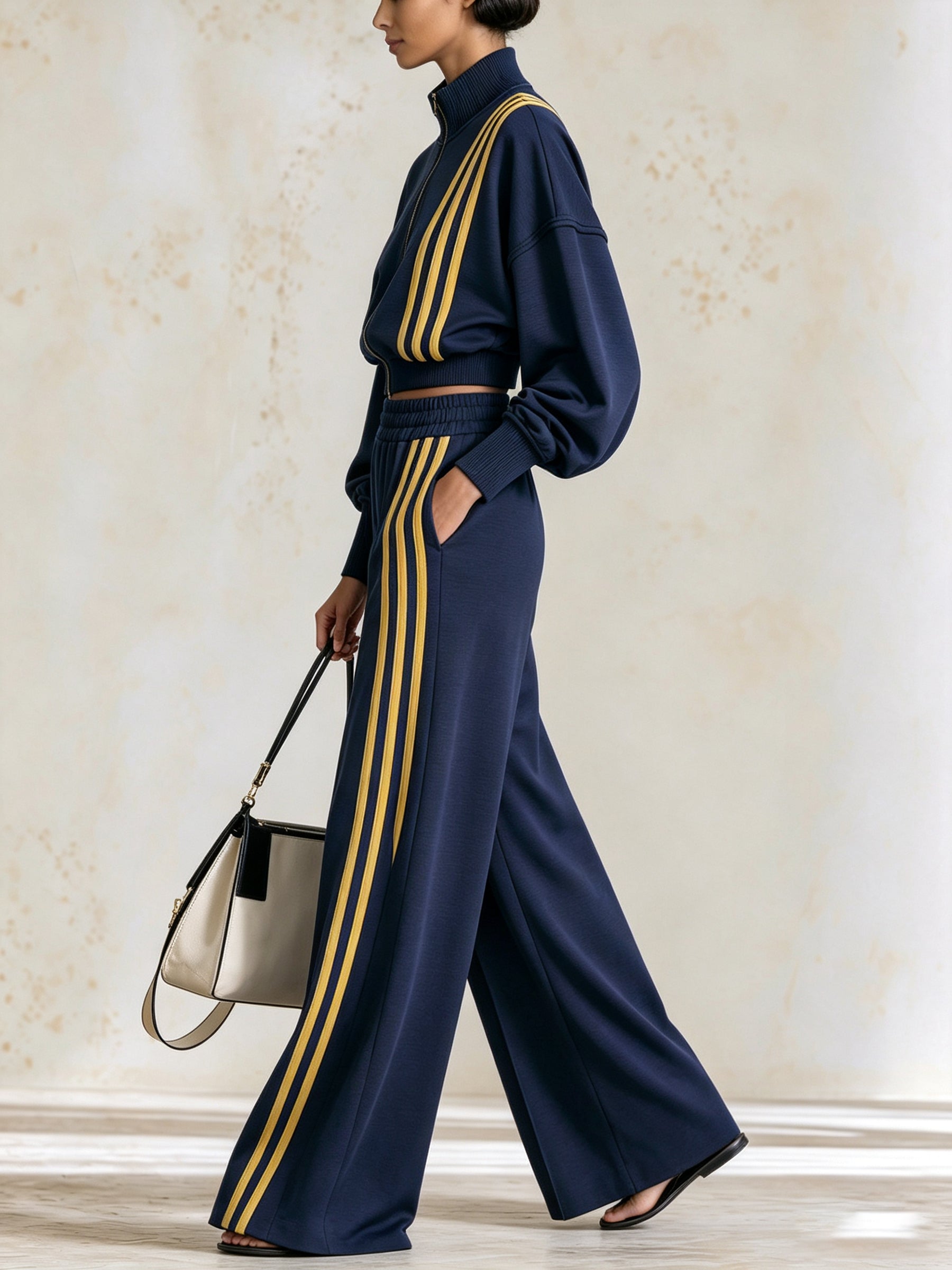 Women's Navy Blue And Yellow Striped Tracksuit – Cropped Zip-Up Jacket And Wide-Leg Pants