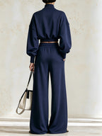 Women's Navy Blue And Yellow Striped Tracksuit – Cropped Zip-Up Jacket And Wide-Leg Pants