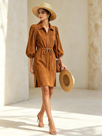 Women's Fall Winter Elegant Utility Dress – Long Sleeve Drawstring Waist Casual Dress