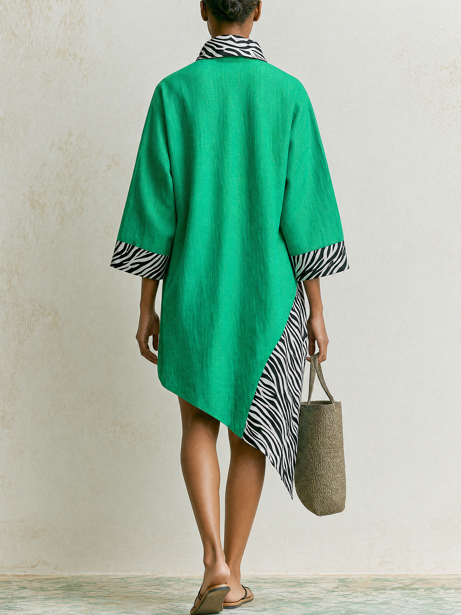 Zebra Print Contrast Linen Blend Asymmetric Hem Half Zip Shirt Midi Dress