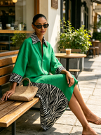 Zebra Print Contrast Linen Blend Asymmetric Hem Half Zip Shirt Midi Dress