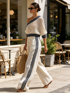 One Shoulder Open Knit Crop Top & Striped Linen Blend Wide Leg Pant Two Piece Matching Set