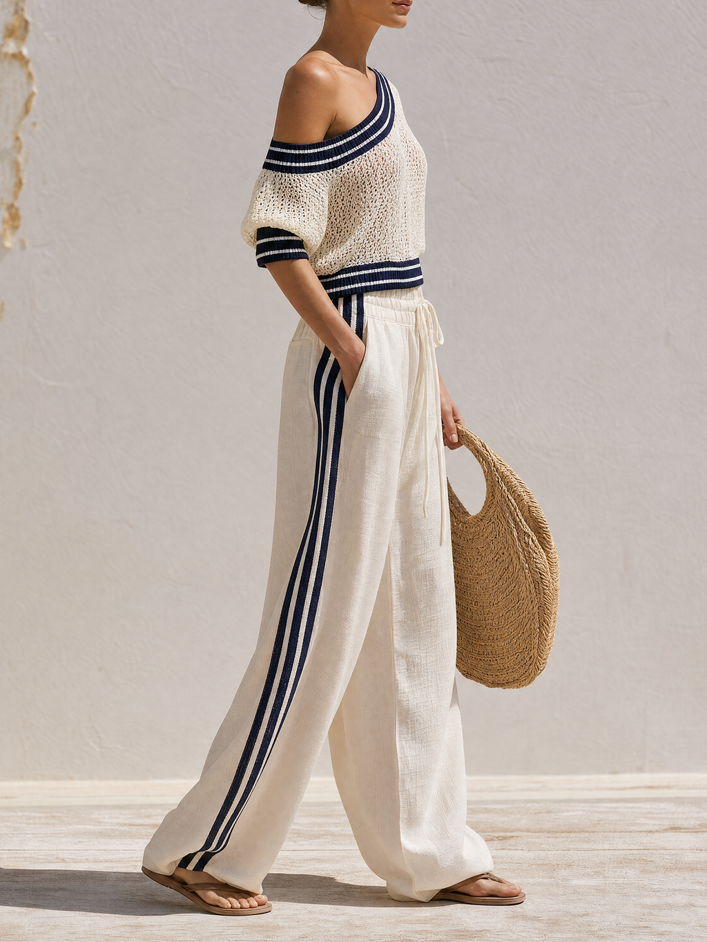 One Shoulder Open Knit Crop Top & Striped Linen Blend Wide Leg Pant Two Piece Matching Set