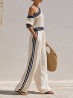 One Shoulder Open Knit Crop Top & Striped Linen Blend Wide Leg Pant Two Piece Matching Set