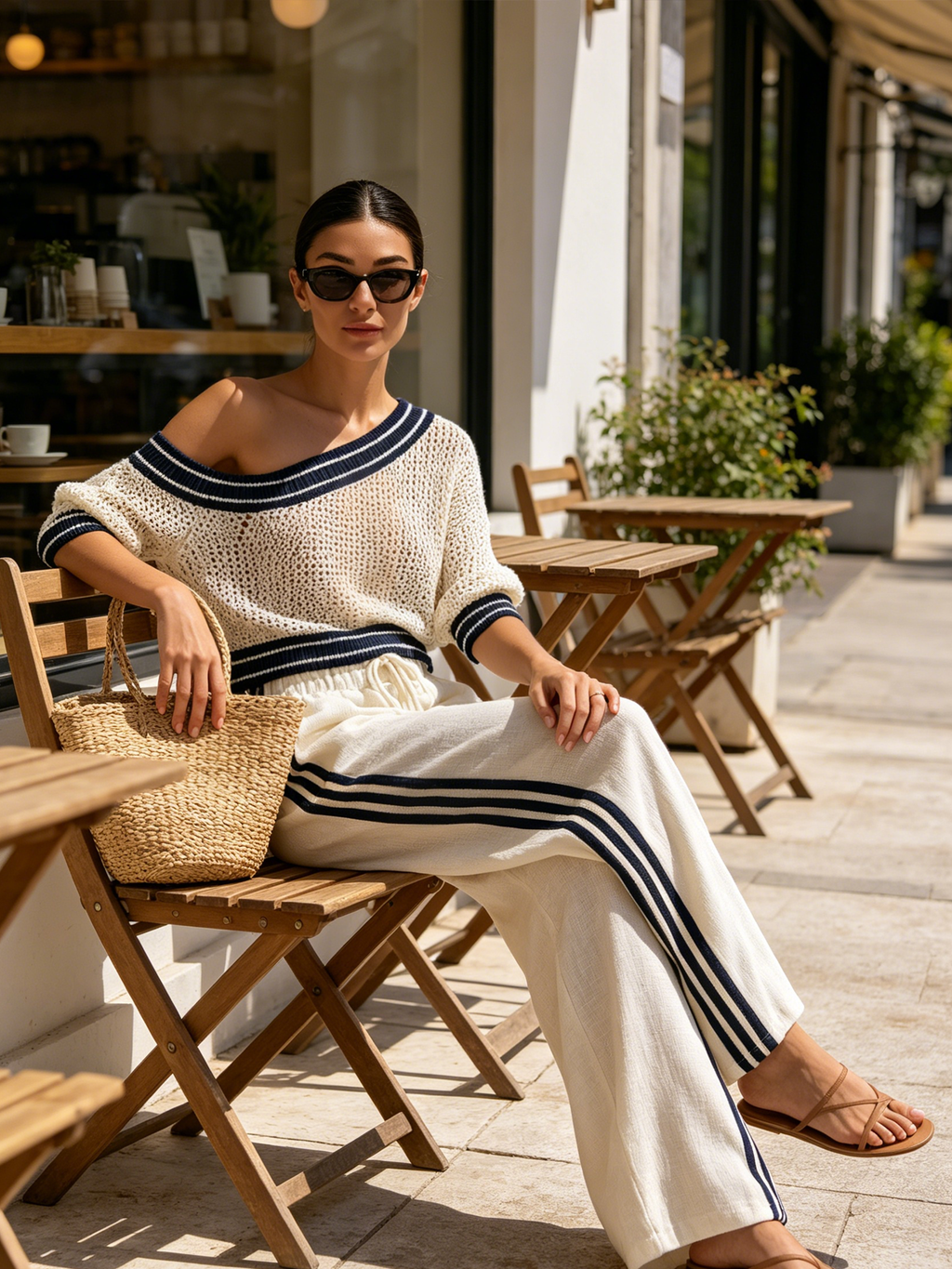 One Shoulder Open Knit Crop Top & Striped Linen Blend Wide Leg Pant Two Piece Matching Set