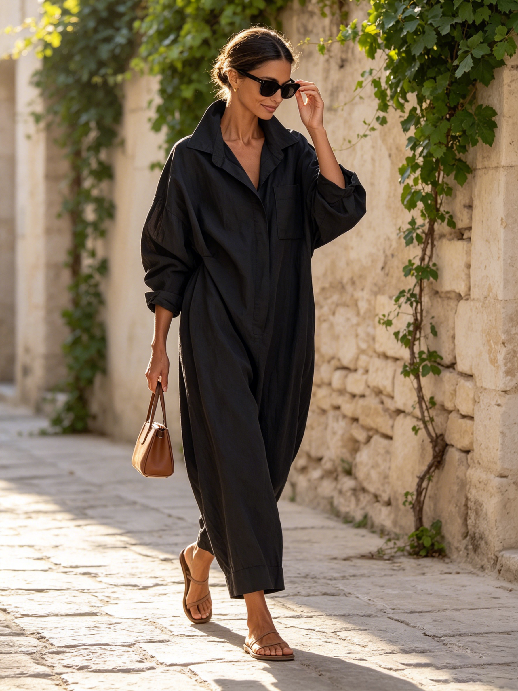 Dark Grey Oversized Loose Shirt Style Wide Leg Jumpsuit