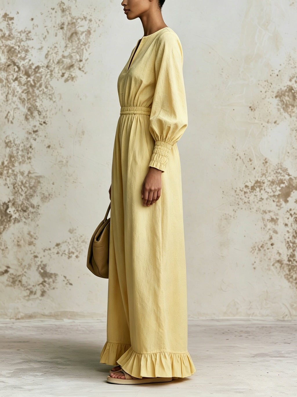 Women’s Yellow V-Neck Wide Leg Jumpsuit – Elegant Long Sleeve Ruffle Hem Waist Tie Casual Chic One Piece Outfit