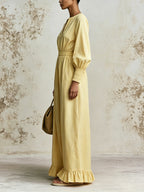 Women’s Yellow V-Neck Wide Leg Jumpsuit – Elegant Long Sleeve Ruffle Hem Waist Tie Casual Chic One Piece Outfit