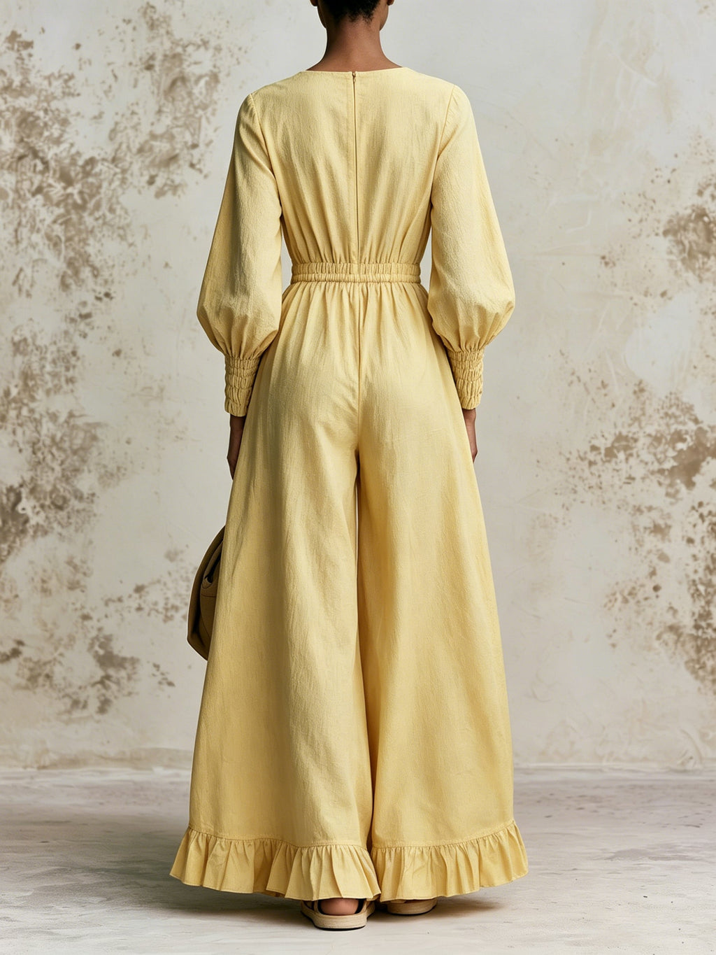 Women’s Yellow V-Neck Wide Leg Jumpsuit – Elegant Long Sleeve Ruffle Hem Waist Tie Casual Chic One Piece Outfit