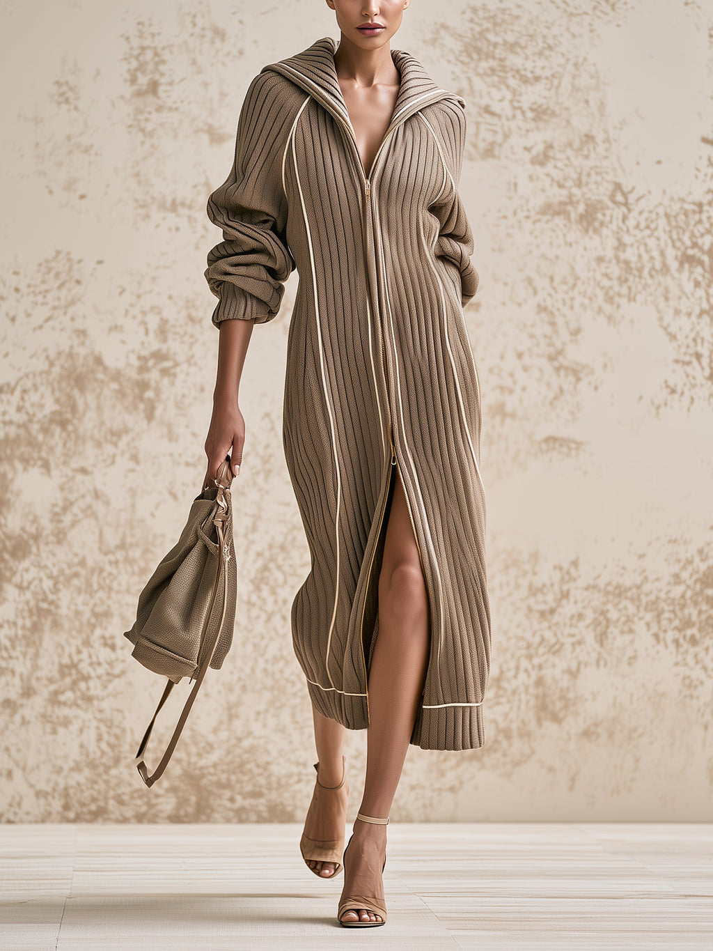 Women's Ribbed Knit Hooded Long Cardigan Coat – Elegant Zip-Up Oversized Sweater