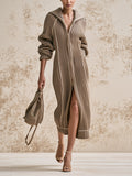 Women's Ribbed Knit Hooded Long Cardigan Coat – Elegant Zip-Up Oversized Sweater