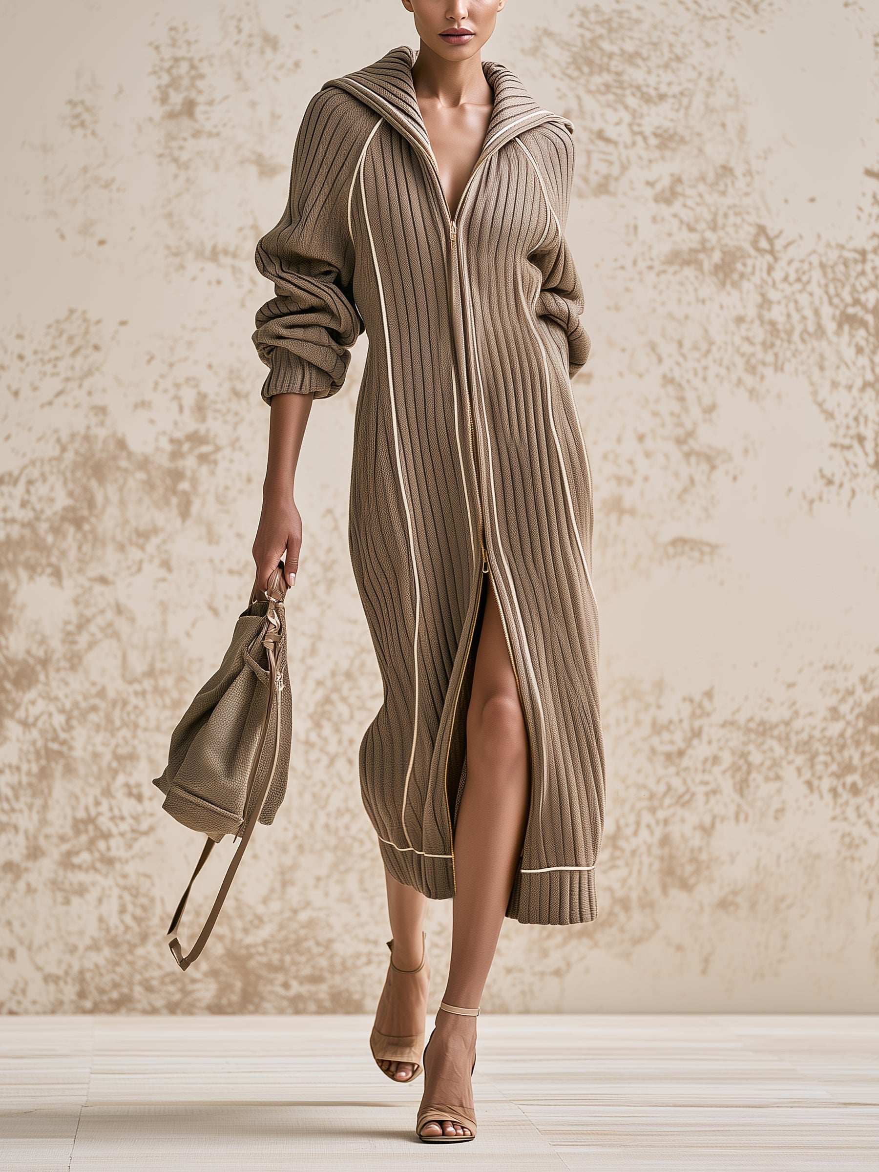 Women's Ribbed Knit Hooded Long Cardigan Coat – Elegant Zip-Up Oversized Sweater