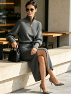 Women’s Gray Knit Two Piece Set – Half Zip Mock Neck Sweater & Side Slit Midi Skirt Elegant Minimalist Lounge Outfit