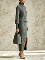 Women’s Gray Knit Two Piece Set – Half Zip Mock Neck Sweater & Side Slit Midi Skirt Elegant Minimalist Lounge Outfit