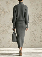 Women’s Gray Knit Two Piece Set – Half Zip Mock Neck Sweater & Side Slit Midi Skirt Elegant Minimalist Lounge Outfit