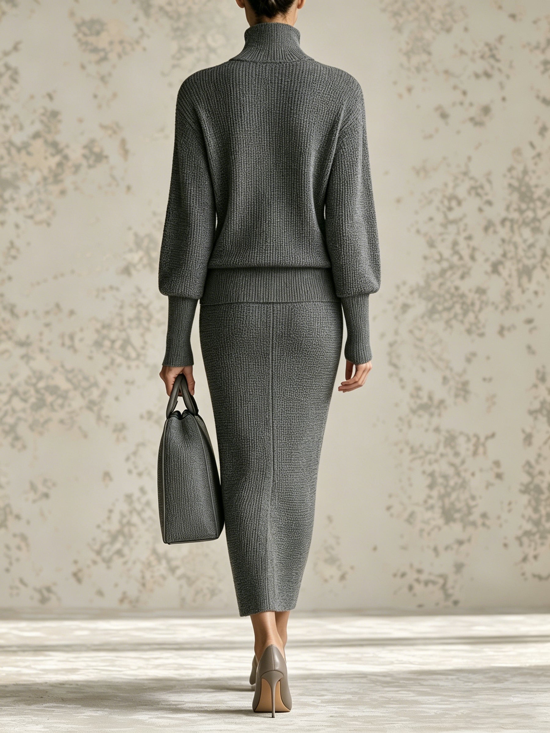 Women’s Gray Knit Two Piece Set – Half Zip Mock Neck Sweater & Side Slit Midi Skirt Elegant Minimalist Lounge Outfit