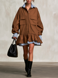 Two-in-One Stripe Layer Cargo Ruffle Hem Mini Shirt Dress
