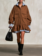 Two-in-One Stripe Layer Cargo Ruffle Hem Mini Shirt Dress