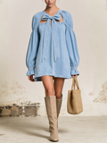 Front Bow Cutout Puff Long Sleeve Light Wash Denim Mini Dress
