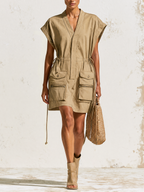 V-Neck Drawstring Waist Cargo Pocket Sleeveless Utility Mini Dress