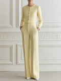 Tweed Jewel Button Crop Jacket & Wide Leg Pants Two-Piece Set