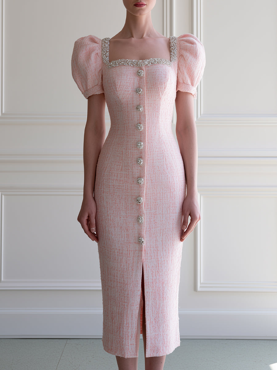 Tweed Puff Sleeve Crystal Embellished Bodycon Midi Dress